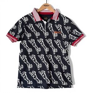 Le Tigre Polo Shirt Mens Medium Navy Blue All Over Tiger Print Y2K Streetwear
